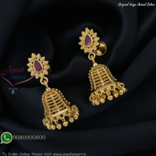 Lightweight Gold Plated Jhumka Earrings with Floral Stud and Ruby Stone J27396