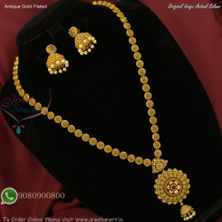 Antique Gold Plated Long Floral Pendant Necklace Set with Jhumka Earrings NL27464