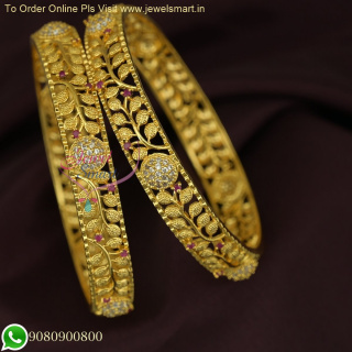 Long Lasting Broad One Gram Gold Bangles Leaf Design B26483