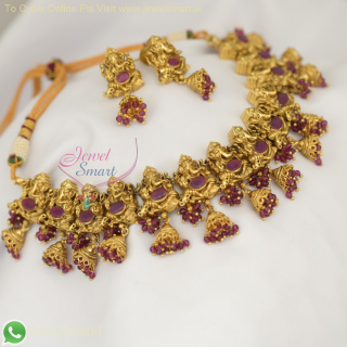 Lord Ganesha Ruby Stones Necklace Set with Jhumka Drops – Exclusive Antique Gold Design NL26915