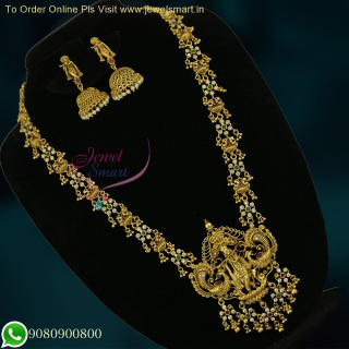 Exquisite Lord Krishna Long Gold Necklace Designs with Jhumkas at Special Offer Price NL26676
