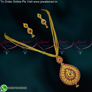 PS16051 Ruby Stones Screwback Small Earrings Fancy Chain Pendant Set South Indian Jewelry Online