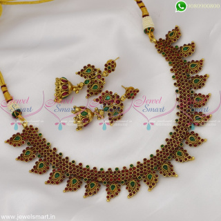 Marvelous Manga Malai Gold Necklace Designs in Imitation Kemp Stones Antique Jewellery Set