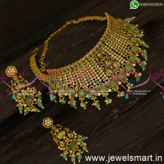 Monalisa Green Stone Temple Choker Necklace For Wedding Antique Gold Design NL24463