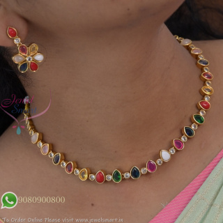 Navratna Multi-Colour Stone Necklace Set | Traditional antique gold plated Jewellery for Women