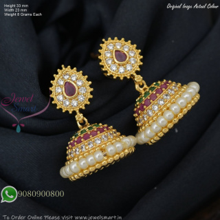 Teardrop Stud Gold Plated Jhumka Earrings With Pearl Border – Screw Back, Multi-Colour Options J27445