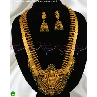 NL18481 Green Stones Temple Jewellery Kasumala Coin Haram Broad Gheru Reddish Gold Plated