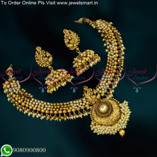 Pearl Necklace Jhumka Earrings Antique Gold Plated Latest Jewellery Online NL20707