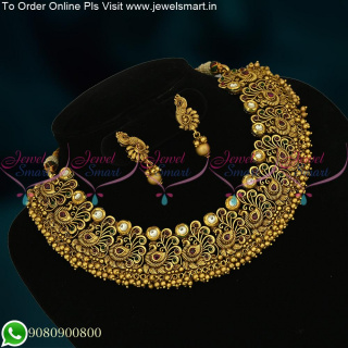 Peacock Choker Necklace Set Small Earrings 1 Gram Gold Antique Jewellery Online Shopping NL23095