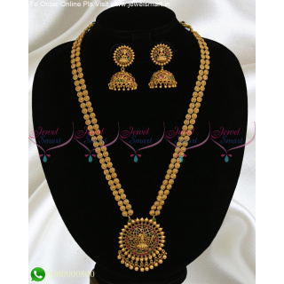 2 Line Designer Half Beads Chain Long Gold Necklace Designs Temple Jewellery Ideas H24963