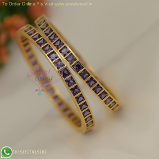 Original CZ Colour Stones Party Wear Bangles - Dull Gold Plated
