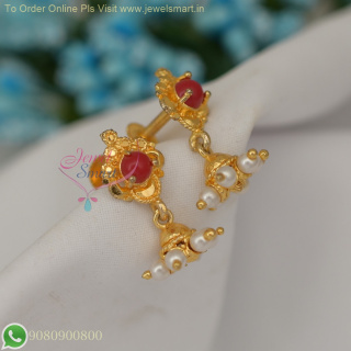 Pavalam (Coral) and Pearls Small Earrings – Traditional Gold-Inspired Design ER26923