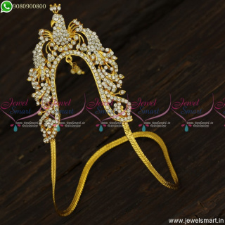Peacock Design Gold Vanki Design Medium Size In Imitation or Artificial White Stones V23467