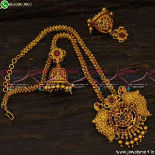 NL12037 Latest Peacock Design Pendant Ghajiri Short Chain Jhumka Earrings Matte Gold Imitation Jewellery Online