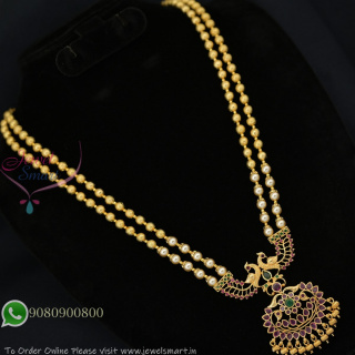 Peacock Design Impon Pendant Necklace With Pearl & Gold Bead Chain – Traditional Jewellery NL27326