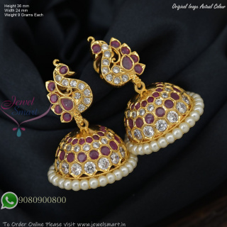 Peacock Design Ruby Stone Jhumka Earrings With Pearl Border – Screw Back J27442