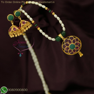 Pearl Chain with Original Kemp Stones Pendant & Earrings - Premium Jewelry Set at Rs. 1099 NL26790