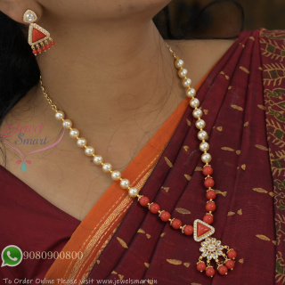 Pearl and Coral Beads Necklace with Triangle Pendant – Elegant Lightweight Jewellery Set NL27309