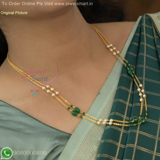 18 Inches Pearl and Green Crystal Layered Chain Necklace – Traditional Jewellery for Elegance
