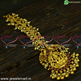 Posh Maang Tikka With Pearls Golden Beads Unique Temple Jewellery T25040