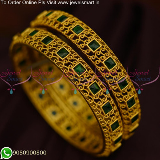 Premium Matte Look Excuisite Gold Bangles Design Kemp Square Stones B25484