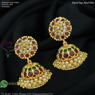 Premium Gold Plated Green Stone Pearl Jhumka Earrings – Push Lock – Handmade Pearl Design