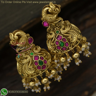 Real Jadau Kundan Bridal Jhumka Earrings with Golden and Jade Green Drops J27028