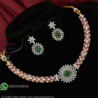 Elegant Ruby CZ Choker Necklace Set with Green Stone Centerpiece – Diamond Finish Imitation Jewelry NL27350
