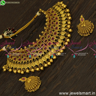 Ruby Stones 4 Layer Lakshmi Coin Choker Necklace Set Temple Jewellery Modern NL24669