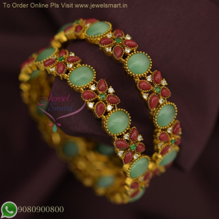 Broad Gold Bangles with Jade Green & Coral Stones - Elegant Traditional Design | Jewelsmart.in B26746