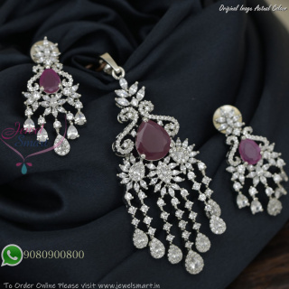 Silver Plated Pendant Earrings Set with Diamond Look CZ Stones and Ruby Colour Drop PS27461