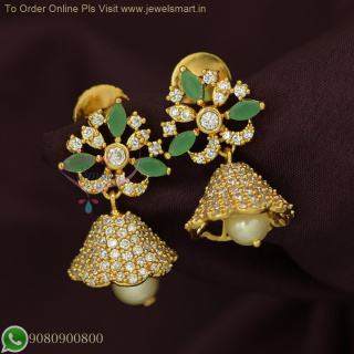 Small Gold Plated CZ Jhumka Earrings - Emerald & White Stones, Affordable Prices J0364N
