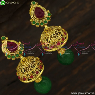 Small Unique Jhumka Earrings With Colour Crystal Drops Antique Gold Plated J23739
