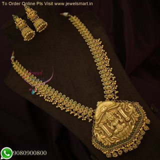 South Indian Elegance: Handcrafted Mango Temple Jewellery Long Necklace Set - Resplendent Gold-like Artistry NL23232N