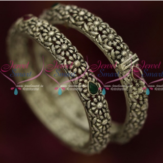 B14678 Oxidised Silver Plated Screw Open Red Green Kada Bangles Brass Metal Jewellery Shop Online
