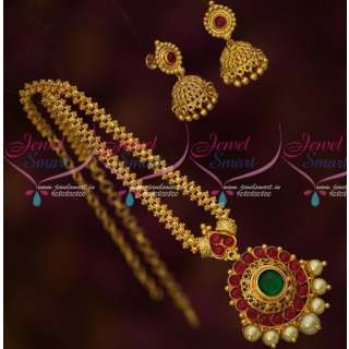 PS15107 Ghajiri Chain Gold Plated Real Kemp Pearl Pendant Matching Screwback Small Jhumka Earrings