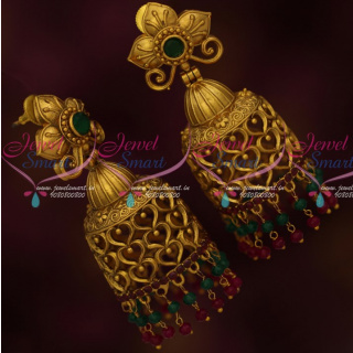 J15608 Floral Design Matte Antique Big Size Bead Drops Jhumka Earrings