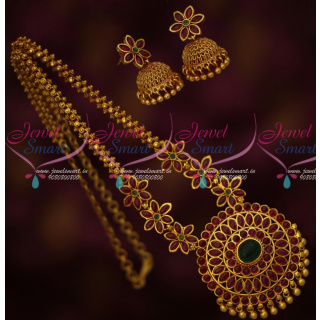 PS15240 Real Kemp Stones Floral Design Stone Chain Gold Plated Matching Jhumka Earrings Latest Imitation