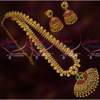 PS15223 Floral Design Chain Ruby Green Pendant Matching Jhumka Earrings Latest Gold Covering Jewelry Online