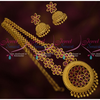 NL15201 Fancy Floral Design Red Stones Chain Gold Plated Matching Jhumka Earrings Latest Imitation