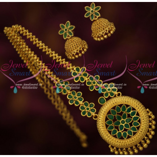 PS15207 Fancy Floral Design Green Stones Chain Gold Plated Matching Jhumka Earrings Latest Imitation