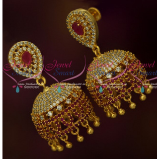 J16245 American Diamond Jhumkas Ruby White Color Stones Regular South Screw Designs Online
