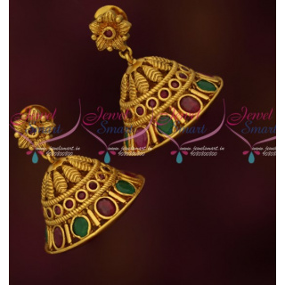 J16209 Floral Jhumkas Red Green Stones Latest Matte Antique Jewelry Online