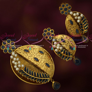 PS17873 Exclusive Antique Handmade Gold Design Antique Pendant Set Blue Stones Jewellery