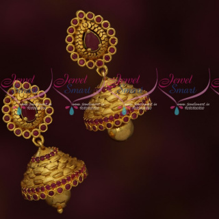 J18207R Antique Gold Plated Jhumka Earrings Semi Precious AD Stones Low Price