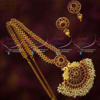 PS18394 Beautiful Antique Gold Plated Ghajiri Mala Handmade Chain Peacock Pearl Danglers Pendant