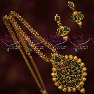 PS18400 Kemp Green Stones Antique Gold Plated Ghairi Mala Pendant Jhumka Set