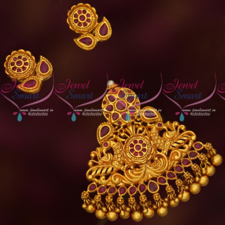 PS18909 Ruby AD Stones Reddish Matte Gold Plated Floral Pendant Set