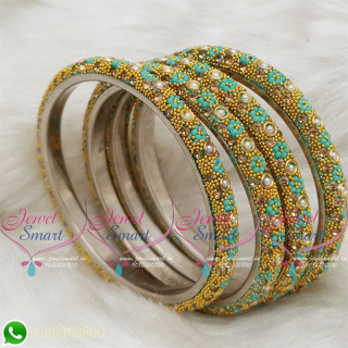Lac Bangles Indian Jewellery Aquamarine Green Colour 4 Pieces Set Matching B18681