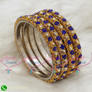 Lac Bangles Dark Blue Indian Jewellery 4 Pieces Set Matching B18672